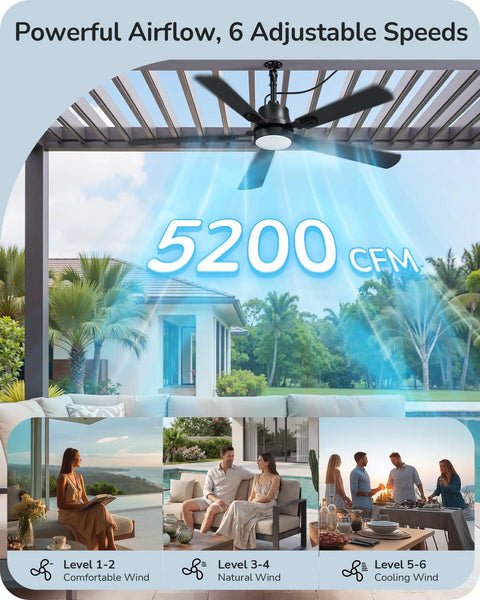 52 Inch Outdoor Ceiling Fan With Light Built For The Outdoors For Covered Patios And Gazebos IP66 Waterproof 5200 CFM