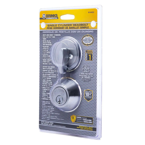 Packaging of Satin Chrome Single Cylinder Deadbolt Lock For Commercial Security Built Tough ANSI Grade 1 UL Three Hour Fire Rating