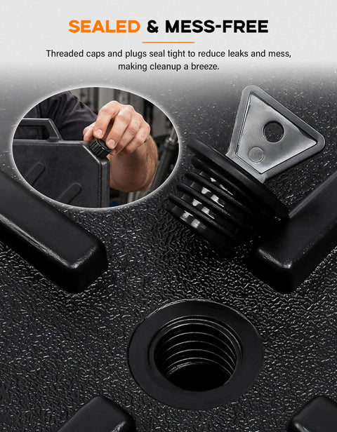 Universal Motorcycle Low Profile Oil Drain Pan With 10 Quart Capacity, threaded caps for secure sealing, black ABS plastic
