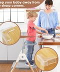 12 Pack Heavy Duty Corner Protectors For Baby Safety Furniture Edge Guards shown on a wood table with a child safe from sharp corners.