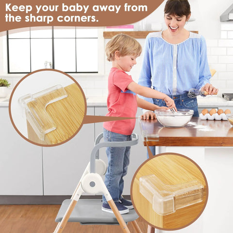 12 Pack Heavy Duty Corner Protectors For Baby Safety Furniture Edge Guards shown on a wood table with a child safe from sharp corners.