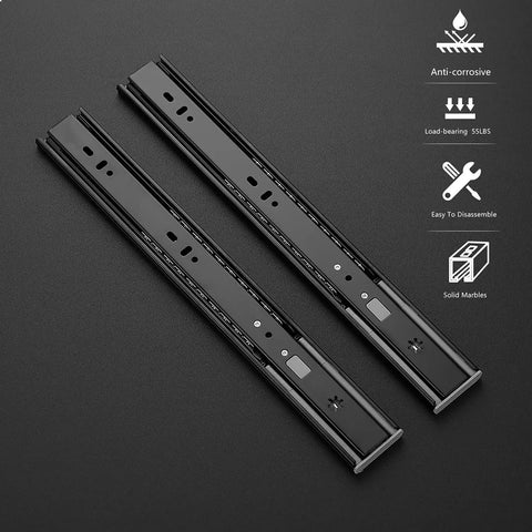 14 Inch Soft Close Drawer Slides, Full Extension, Black, 10 Pairs, 20 Pieces, Ball Bearing, Side Mount Glides Shown Horizontally