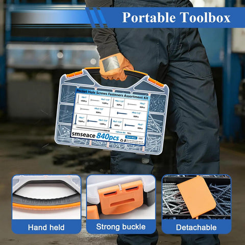 All In One Pocket Hole Screws Set For DIY Woodworking, 840Pcs, Blue And Zinc Coated, Square Drive in portable case