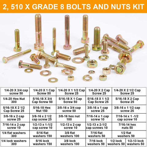 Top Shelf Grade 8 Bolt And Nut Assortment With Zinc Yellow Fasteners Flat Lock Washers Heavy Duty Hardware Kit, 2510 pieces.