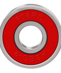 Front view of 608RS skateboard bearing with red seal and silver outer race.