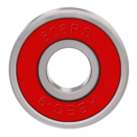 Front view of 608RS skateboard bearing with red seal and silver outer race.