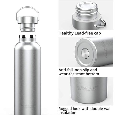 Heavy Duty 34oz Vacuum Insulated Stainless Steel Water Bottle with a lead-free cap and rugged double wall insulation details.