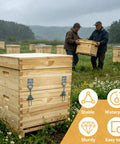 Wooden beehive with 10 sets beehive fasteners with nuts and adjustable buckle straps tool free quick release snap connectors.