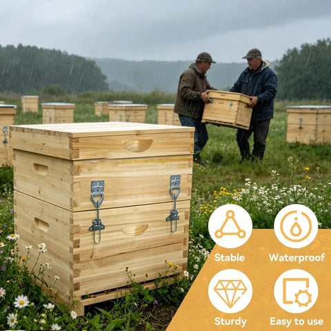 Wooden beehive with 10 sets beehive fasteners with nuts and adjustable buckle straps tool free quick release snap connectors.