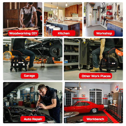 Various uses of the Rolling Shop Stool For Garage With Casters Adjustable Height 360 Degree Swivel Padded Mechanic Stool