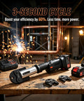 Heavy Duty 18V Electric Pipe Crimper With 60KN Force High Carbon Steel Hydraulic Press Tool on a workbench with accessories.