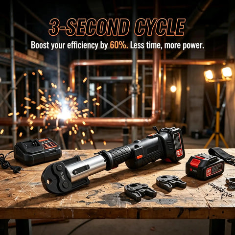 Heavy Duty 18V Electric Pipe Crimper With 60KN Force High Carbon Steel Hydraulic Press Tool on a workbench with accessories.