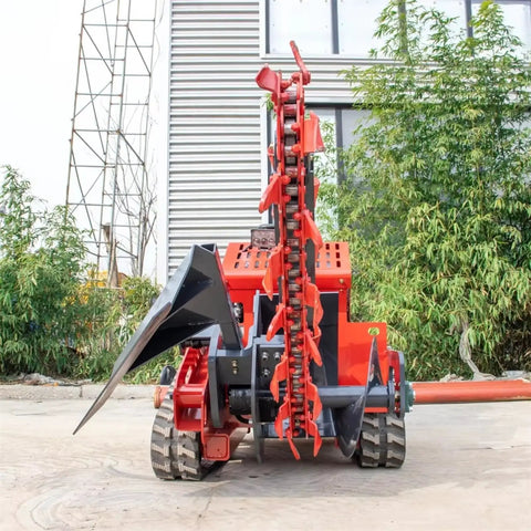 Dependable Rubber Track Trencher Built For Rapid Orchard Drainage And Zero Stress Soil Prep featuring a rear view with chain blade and tracked drive.