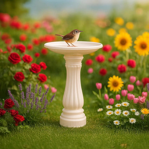 Round Outdoor Bird Bath With Fillable Base For Stability White 17 Inch Diameter And 25 Inch Height Durable Weather Resistant Resin