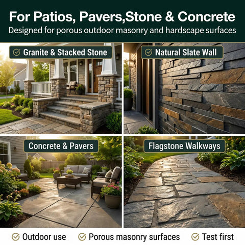 Top-Shelf Satin Stone Sealer and Color Enhancer Amps Up Tones on Porous Pavers and Rock with a Natural Low-Gloss Sheen for a Rich Glow Up while Shielding Surfaces from Weather Damage in One Gallon Bulk used on outdoor patio and stone pathway.