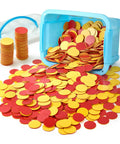 Double Sided Plastic Math Counters For Kids 800 Piece Set Two Color Red Yellow Counting Disks spilled from a blue container.