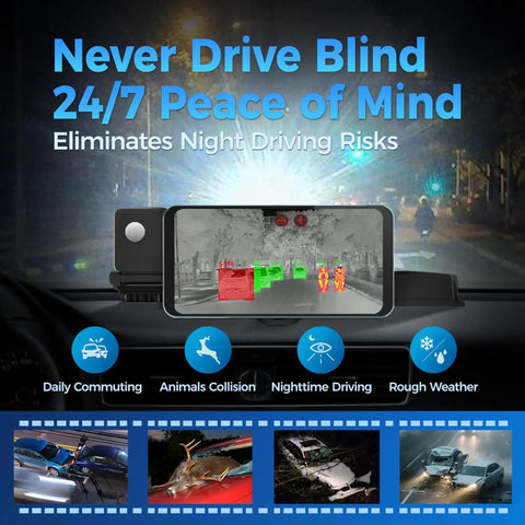 Beefed Up Thermal Car Camera With Infrared Vision And 656Ft Detection, Deer Collision Alert, Night Vision Dashcam For Off Road And Highway Safety, AI Powered Automotive Thermal Imaging System displaying night road image.