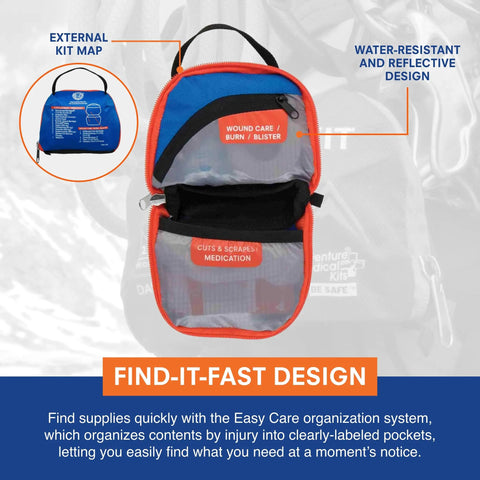 Mountain Series Day Tripper Lite First Aid Kit For Two Adventurers with open view of blue orange compact pack showing labeled sections