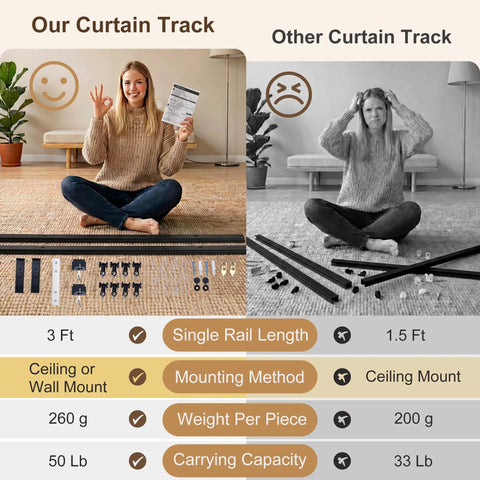Ceiling Curtain Track System For Bedroom And Living Room, 6 To 9 Feet, Wall Or Ceiling Mounted Rail With Hooks And Easy Install, Black Finish, Snug Gap Free Fit With Embedded Screw Fixed Connector To Prevent Misalignment. comparison chart