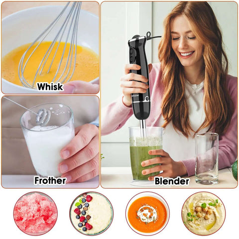 Heavy Duty Immersion Blender Set 500W Super Quiet Handheld Mixer With 12 Speed Settings BPA Free in use blending green smoothie.