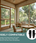 Heavy Duty Screen Door Closer Bracket Set With Mounting Screws Hella Tough Plastic Post Jamb Hardware For No Sweat Storm And Patio Door Replacements In Matte Black shown in a modern interior setting.