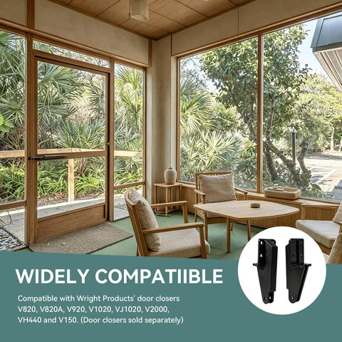 Heavy Duty Screen Door Closer Bracket Set With Mounting Screws Hella Tough Plastic Post Jamb Hardware For No Sweat Storm And Patio Door Replacements In Matte Black shown in a modern interior setting.