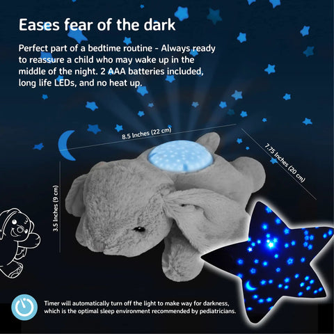Benny The Bunny Night Light And Star Projector For Babies with gentle blue lights and cozy plush design, calming nursery toy.