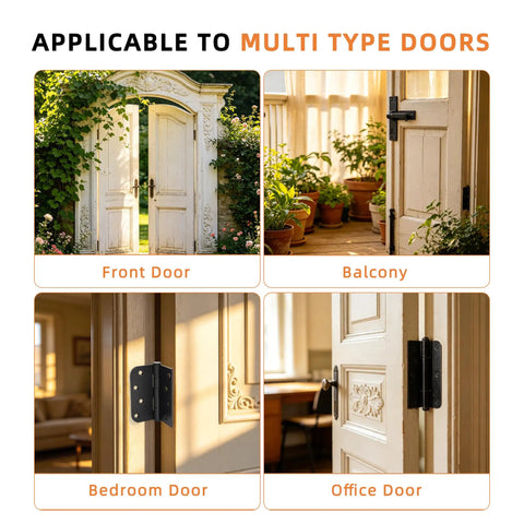 Tough As Nails Heavy Duty Black Door Hinges With Removable Pin And Zero Friction Ball Bearing Design Workhorse Hardware For Exterior Swing Doors Left Or Right Setup 4X4 showcased on various doors including bedroom and office.