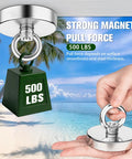 500 Lb Neodymium Fishing Magnet with Eyebolt, 60mm magnetic retrieval magnet displayed above beach background