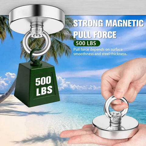 500 Lb Neodymium Fishing Magnet with Eyebolt, 60mm magnetic retrieval magnet displayed above beach background