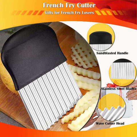 Front view of large stainless steel crinkle cutter with black ergonomic handle and wavy blade for potatoes