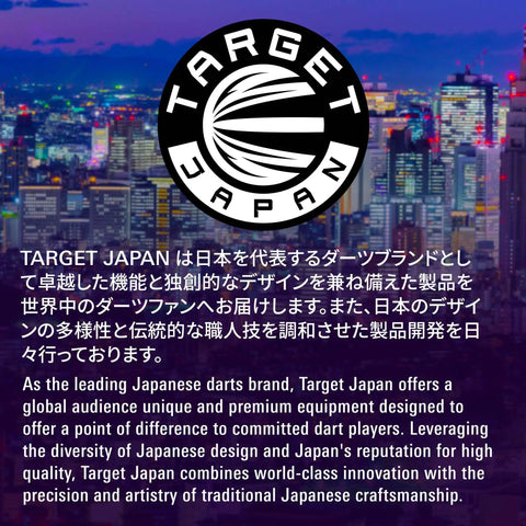 Rising Sun Gen 10 Steel Tip Darts Made From 95 Percent Tungsten With Killer Grip Design And Kflex Shafts Plus Flights Paired With Storm Nano Swiss Points in a vibrant city skyline background.