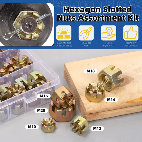 60Pcs Hex Slotted Nuts Set M10 M12 M14 M16 M18 M20 Carbon Steel Hex Castle Nuts with label identifiers in open box and on table.