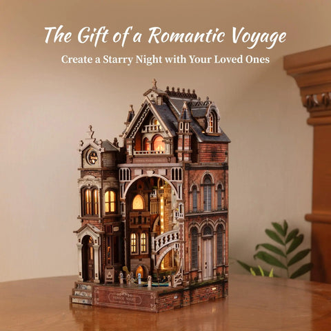 Lit Venice Night Starlit Book Nook Kit With LED 3D Wood Puzzle And Infinity Mirror on wooden table for decor