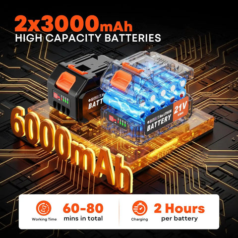 Dual 3000mAh 21V batteries for Cordless Garden Tiller Cultivator With 21V Battery Lightweight Rototiller, no cords