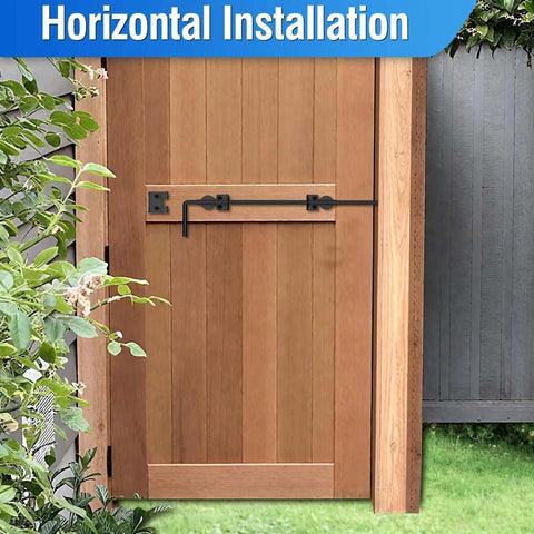 Wooden gate with 36 Inch Cane Bolt Heavy Duty Gate Drop Rod Latch installed horizontally, showcasing black coated durable finish.