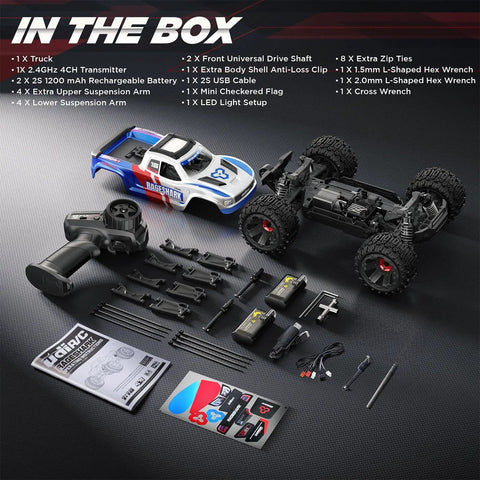 Fast RC Truck For Adults Upgradable To 56 MPH 4x4 Off Road All Terrain Beefy Monster 2.4 GHz RTR 1 To 16 Remote Control Car kit contents