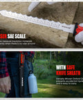 PINOZE 11-inch insulation knife with laser-scale stainless blade, red handle; shown with sheath.