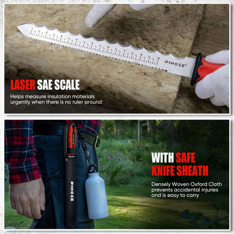 PINOZE 11-inch insulation knife with laser-scale stainless blade, red handle; shown with sheath.