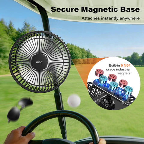 Magnetic Rechargeable Golf Cart Fan 7 Point 5 Inch With 10000 mAh Battery on golf cart with secure magnetic base