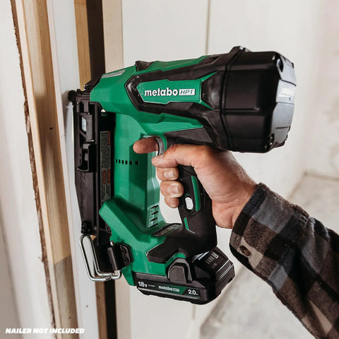 Nailer in use, not included with Galvanized 16 Gauge Finish Nails For Straight Nailers One And Three Quarters Inch 2,500 Count Box