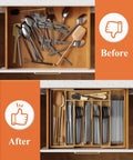 Top view of a messy drawer before and an organized drawer after using Expandable Bamboo Silverware Organizer For Drawers, Ultra Roomy 6 To 8 Slot Utensil Tray, Kitchen Storage Solution, Natural Finish, Wide 19.4 By 13.1 By 1.8 Inches Drawer Fit.