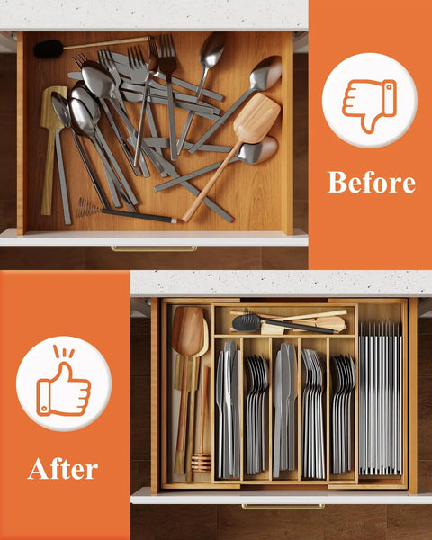 Top view of a messy drawer before and an organized drawer after using Expandable Bamboo Silverware Organizer For Drawers, Ultra Roomy 6 To 8 Slot Utensil Tray, Kitchen Storage Solution, Natural Finish, Wide 19.4 By 13.1 By 1.8 Inches Drawer Fit.