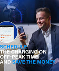 Man scheduling charging with smartphone app for Heavy Duty Level 2 EV Charger With Smart App Control Adjustable 40 Amp 240 Volt 10KW IP65 Waterproof Indoor Outdoor 18 Ft Cable Home Juice Up Your Ride Today Smooth Plug And Play Setup.