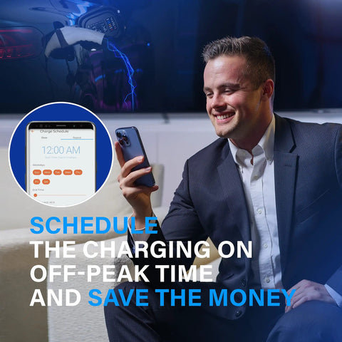 Man scheduling charging with smartphone app for Heavy Duty Level 2 EV Charger With Smart App Control Adjustable 40 Amp 240 Volt 10KW IP65 Waterproof Indoor Outdoor 18 Ft Cable Home Juice Up Your Ride Today Smooth Plug And Play Setup.