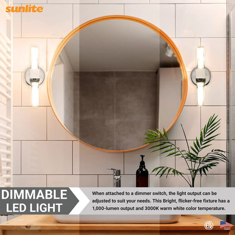 12-Inch LED Crystal Shape Two-Light Wall Sconce With Dimmable Warm White Glow, showing brushed nickel finish in bathroom setting