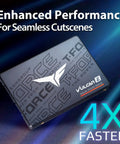 Vulcan Z 256GB 2.5 Inch SATA III SSD with SLC Cache and 3D NAND, showcasing enhanced performance graphics, angled view.