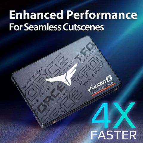Vulcan Z 256GB 2.5 Inch SATA III SSD with SLC Cache and 3D NAND, showcasing enhanced performance graphics, angled view.
