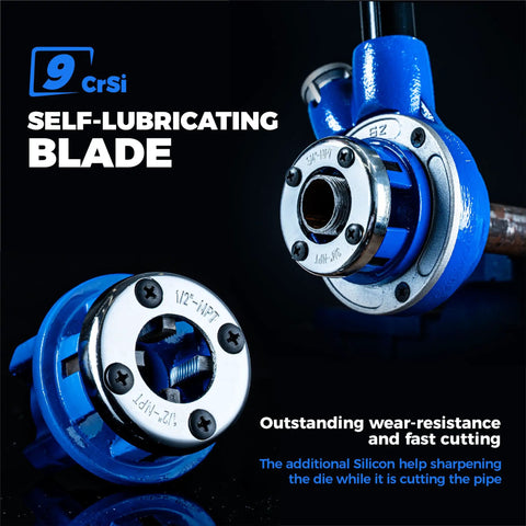 Close-up of self-lubricating blade from the All In One Ratcheting Pipe Threader Kit With 6 NPT Dies 1/4 Inch to 1-1/4 Inch handy DIY ready portable manual threading tool set.