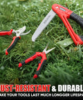 All In One 3 Piece Garden Tool Set With 7 Inch Folding Saw Pruner And Shears Stainless Steel Garden Scissors 2 Pack on grass